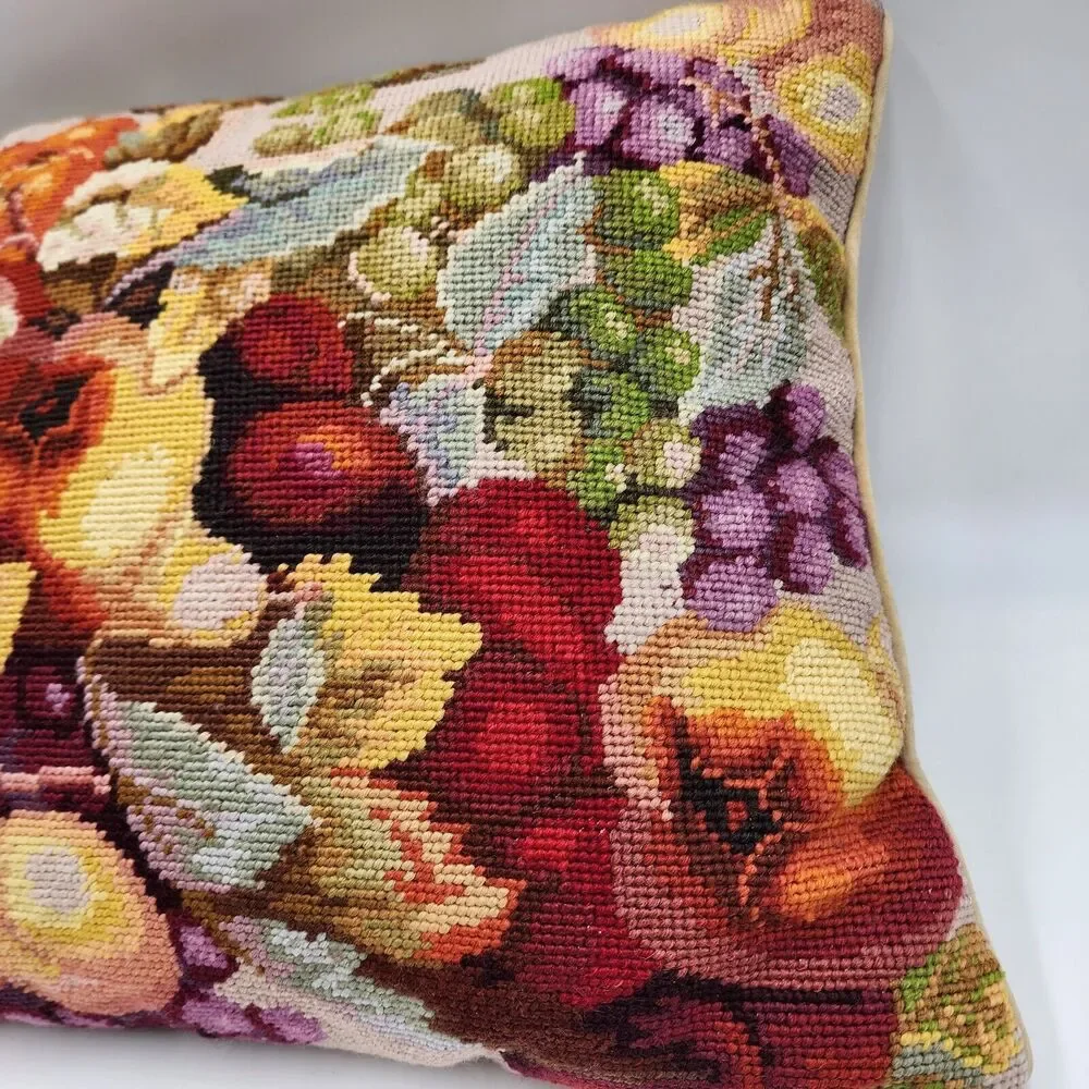 Vintage Needlepoint Throw Pillow Bright Fruit Handmade 15in Square Peach Grapes